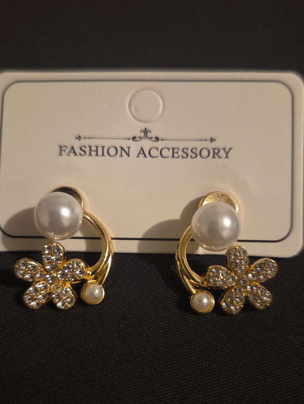 Gold Floral Pearl Crystal Stud Earrings